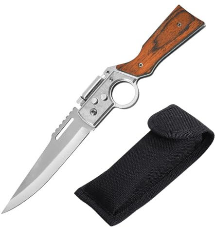 XPJBKC Jagdmesser Klappmesser, 21 x 4.3cm Klappmesser Holzgriff mit Gürteltasche, 3 in 1 Multifunktions Survival Messer mit LED Licht,Taschenmesser Outdoor für Camping,Jagd,Angeln,Geschenke für Männer