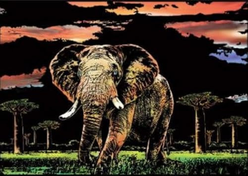 Figured'Art Kratzbild im Format A3 (29,7 x 42 cm) – Elefant – komplettes Set zum Kratzen und Kratzen