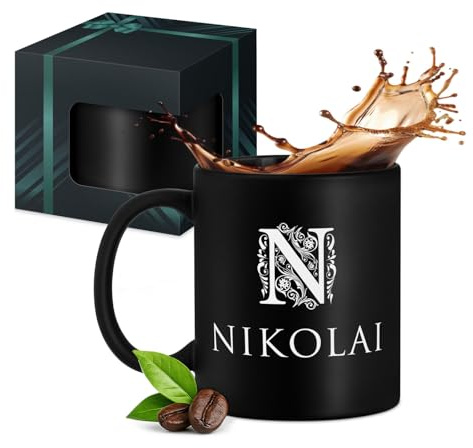 Maverton schwarzer Keramikbecher 330ml mit Gravur, Kaffeetasse mit Henkel | personalisierter Keramikbecher Männer zum Geburtstag zu Weihnachten, matt schwarz, Innen schwarz, Name