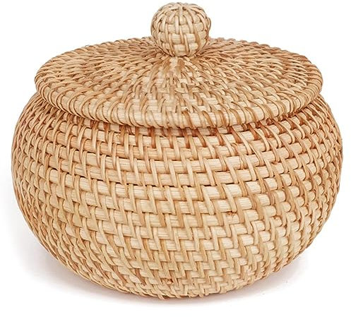 BOFRHME Panier Rond en Rotin avec Couvercle, Panier de Collations Aux Fruits pour Étagère de Table