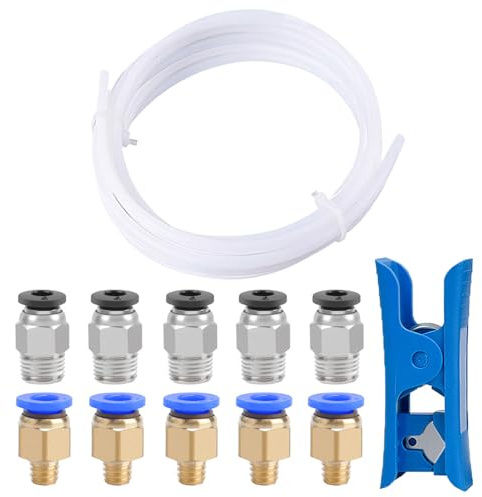 QitinDasen 5 Meter 3D Drucker PTFE Teflonschlauch mit Schlauchschneider, 5 Stück PC4-M6 Pneumatik Verbinder und 5 Stück PC4-M10 Pneumatik Verbinder