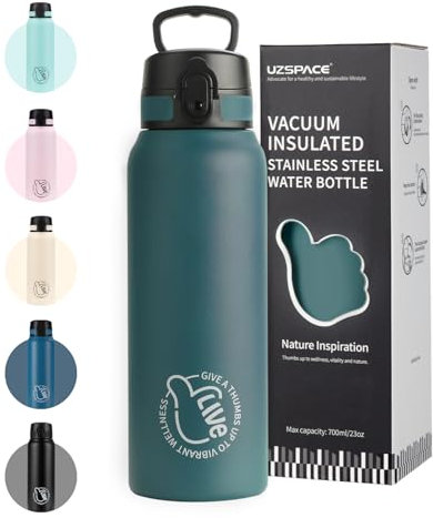 UZSPACE Thermosflasche Kinder 700ml, Isolierte Edelstahl Trinkflasche mit 1-Klick-Öffnung, 100% Auslaufsicher, Sport Wasserflasche für Schule Fitness Gym Outdoor, Waldgrün