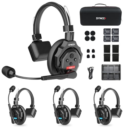 SYNCO XTALK X4 Wireless Intercom Headset System (4PC) | 2.4GHz Wireless Intercom, 1148FT Long-Range, 2.4GHz Full Duplex Hands-Free Talk, 24H Long Battery Life, Real-Time Monitoring