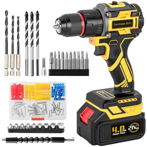 Brushless Cordless Hammer Drill Set with 4.0Ah Large Battery, 21V Impact Drill Driver and Screwdriver Set, 25+3, 10mm Heavy Duty Chuck, 2 Speed 87 Accessories Power Combi Battery Drill kit for DIY