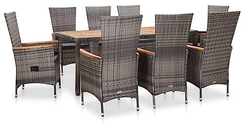 QJBSAVVA 9-TLG. Poly Rattan Gartenmöbelset Grau 190×90×75 cm Tisch & 8 Stühle Akazienholz verstellbare Rückenlehne Terrasse Balkon