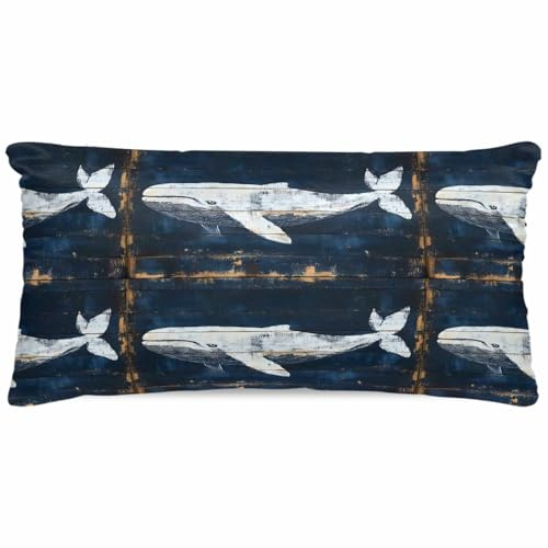 Gusidachig Ocean Blue Whale Satin Pillowcase for Hair and Skin with Zipper, Soft Breathable Cooling Silk Pillow Cases, Summer Coastal Vintage Wooden Grain Throw Pillow Covers King Size 20x40