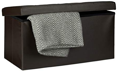 Relaxdays hopfällbar förvaringsbänk stor säte, fuskläder, 38 x 78 x 38 cm, vikbar fotpall ottoman med avtagbart lock, brun