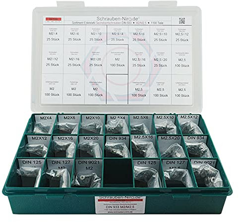 Sortiment M2 + M2,5 DIN 933 Edelstahl A4 (V4A) Sechskantschrauben mit Gewinde bis Kopf - Set bestehend aus Schrauben, Unterlegscheiben (DIN 125, 127, 9021) und Muttern (DIN 934, 985) - 1100 Teile