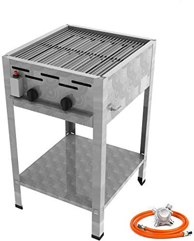 STAND Gastro Edelstahl Gasbräter 2 flammig 9,0 KW f. Propangas mit Grillrost + Untergestell + Gasschlauch, Gewerberegler + SBS (Standgerät Gastronomie Kocher - Wurstbräter, Gasgrill Bräter)