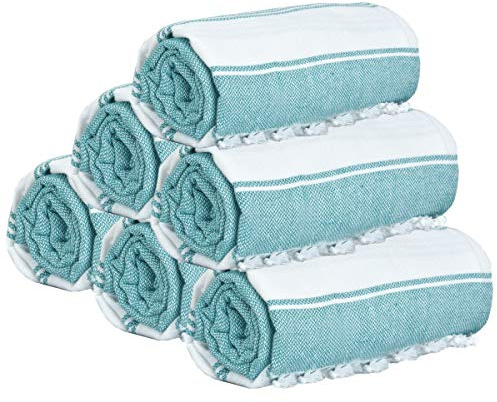 GLAMBURG Peshtemal Turkish Beach Towel Cotton Oversized 36x71 Set of 6 for Adults, Soft Durable Absorbent Extra Large Hammam Bath Sheet - Teal