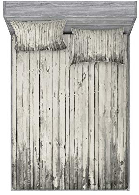 Ambesonne Rustic Fitted Sheet & Pillow Sham Set, Old Fashioned Garden Fence Planks Retro Grunge Toned Murky Woods Picture, Decorative Printed 3 Piece Bedding Decor Set, Queen, Pale Grey Pearl Dust