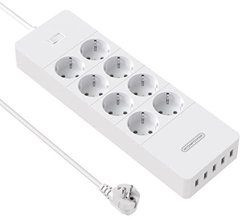 NTONPOWER 8-Fach Steckdosenleiste, 1700 J Mehrfachsteckdose Überspannungsschutz 5 USB mit Schalter und 1,5 Meter Verlängerungskabel, 4000W 16A, Weiß