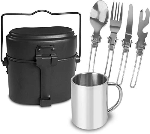 Outdoor Essgeschirr-Set bestehend aus Edelstahl Besteck, Tasse und BW Kochgeschirr