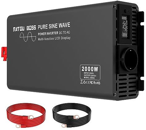 DATOUBOSS Wechselrichter 24V auf 230V Reiner Sinus 2000W / 4000W Spannungswandler mit 1 EU-Stecker, LCD-Anzeige und Funkfernbedienung für LKW, Wohnmobil, Haus, Camping, Haushaltsgeräte