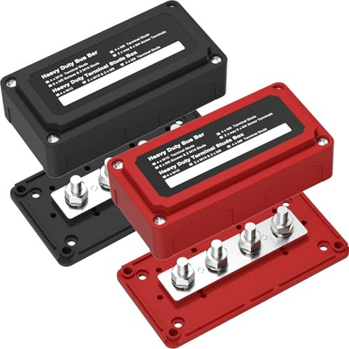 AMOMD 2pcs 300A Bus Bar Box Nickel Plated Brass Power Distribution Block with 4xM8 (5/16 inch) Positive Negative Ground Battery Junction Block Buss Bar with Cover DC12 24 48V（Red & Black）