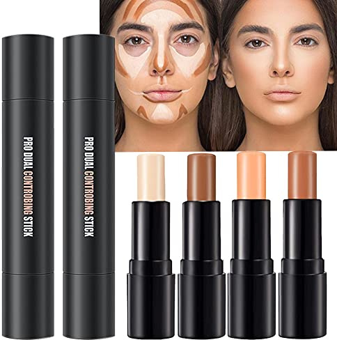4 Colors Cream Contour Sticks Makeup Kit, Primer Face Highlighter Contouring for Beginners, Highlight and Contour Kit, Cream Concealer Makeup Blur Stick, Primer Face Corrector 1#,3#