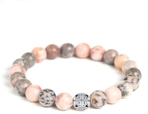 MetJakt Natürliche 8 mm Edelsteine Heilung Crystal Stretch Perlen Armband Armreif mit 925 Sterling Silber Double Happiness Anhänger (Rosa Zebrajaspis)