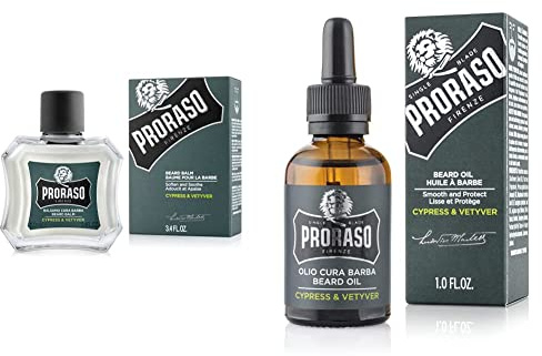Proraso Baume Barbe, Cyprès & Vétiver, 100 ml, Baume à barbe parfumé, Adoucit, protège et soulage les démangeaisons et l'inconfort & Huile Barbe Cyprès & Vétiver, 30 ml, Huile pour barbe parfumée