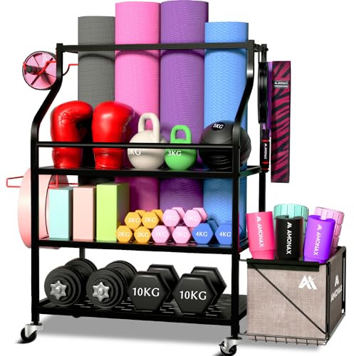 Amonax Hantelständer Fitnessstudio, Kettlebell Rack Kurzhantelständer Yoga Matte Regal, Hantel Ständer Für Langhantelpolster Faszienrolle, Fitness Geräte Zuhause Home Organizer Gym Zubehör