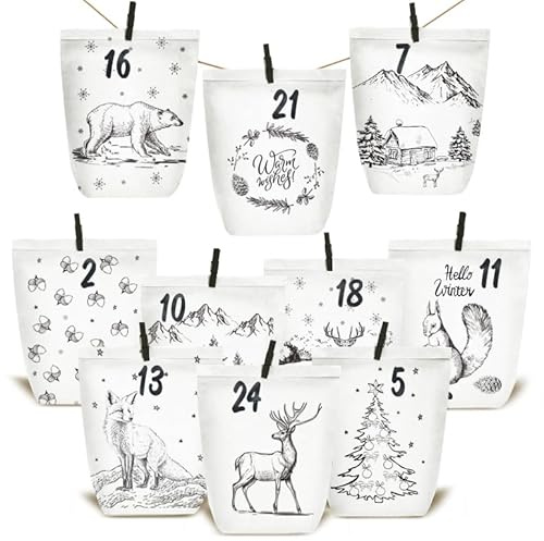 KOHMUI Adventskalender zum Befüllen, 24 Weihnachtskalender Papiertüten zum Selber Basteln, DIY Geschenktüten zum selbst füllen, Kraftpapiertüten Advents Tüten Selbstbefüllen für Kinder & Erwachsene