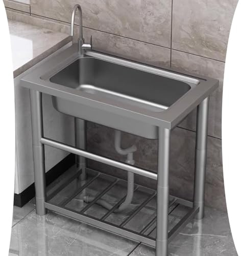 COKYIS Évier Utilitaire Sur Pied Evier INOX Autoportant Avec Robinet, Lavabo De Buanderie À Une Cuve, Evier De Cuisine Professionnel Pour Intérieur Et Exterieur (Size : 63x48cm/25x19in)