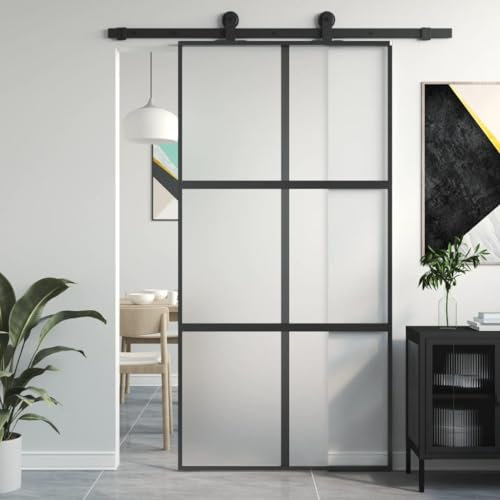 BAZZI Schiebetür Glasschiebetür Schwarz-1 Schiebetür Mit Tür Sliding Door Glas Schiebetür Innentüren Schwebetüren 102.5 x 205 cm Innentüren Glas Hartglas und Aluminium
