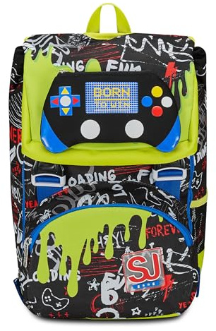 SJ GANG STYLE JAM GANG Zaino Scuola Estensibile, Nero e Verde, Born To Fun, Zaino Doppio Scomparto Estensibile Tramite Zip Laterali, Tasca Porta Borraccia, Zaino Scuola Elementare, Zaino Bambino