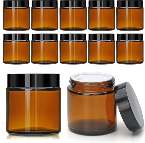4oz Glass Amber Cosmetic Jars with Black Lids, 12 Pack Empty Small Glass Jars with Inner Liners, Round Sample Container for Cream, Lotion, Ointments
