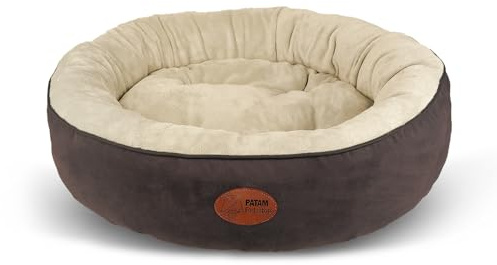PATAM Hundebett für Hunde und Katzen, rund, mit gepolsterten Kanten, universell für alle Jahreszeiten, rutschfest, abnehmbar, maschinenwaschbar – Fufi Beige, Large 71 cm