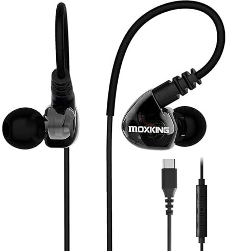 MOXKING Cuffie USB C Running Sports Earbud, tipo C, cablate Over Ear In Ear Headsets Enhanced Bass Stereo Auricolari con microfono e telecomando per Running Jogging Gym (Black-TypeC)