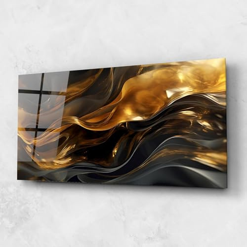ARTHUB® Glasbild 60x150 cm, 4mm ESG | Moderne Wandbilder aus Glas für Wohnzimmer & Schlafzimmer, Wanddekoration, Wohnkultur, Abstrakte, Gold With Black Wave