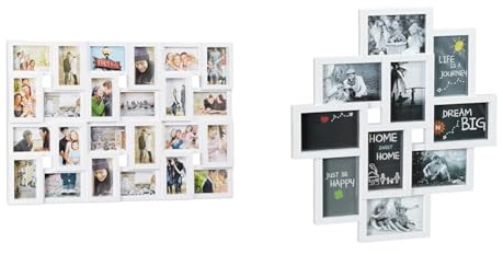Relaxdays XXL Bilderrahmen Collagen für 24 Bilder in 10 x 15 & Bilderrahmen Collagen, für 10 Bilder, Hoch-oder Querformat, Wand Kunststoffrahmen, H x B 55 x 50 cm, weiß