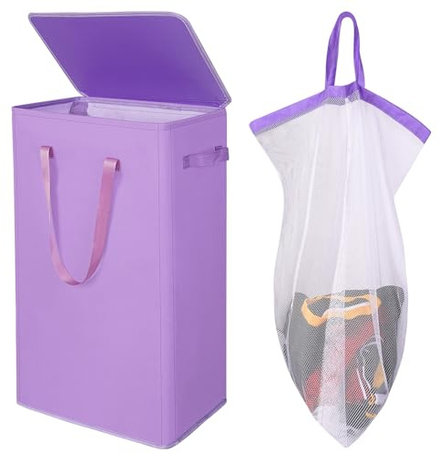 Odonata 75L Slim Laundry Hamper with Lid,Large Foldable Laundry Basket with Removable Bag and Handles Tall Collapsible Dirty Clothes Basket Great for Bedroom, Bathroom, Dorm, College,RV.(Purple, 75L)