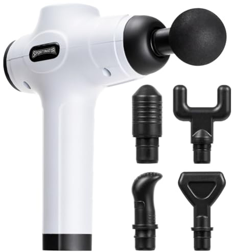 SPORTINATOR® Level Up Massagepistole inkl. verschiedener Aufsätze und Tragetasche, elektrisches Handmassagegerät mit USB-C-Anschluss und LCD-Touchscreen (Weiß)