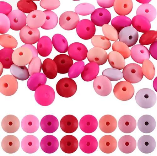 SUNNYCLUE 1 boîte de 96 perles de Boulier en Silicone Rose de 12 mm, Perles de Lentilles en Vrac, Mignonnes, Plates et Rondes en Caoutchouc, Perles Focales D'Espacement en Vrac pour Stylos à Perles, P