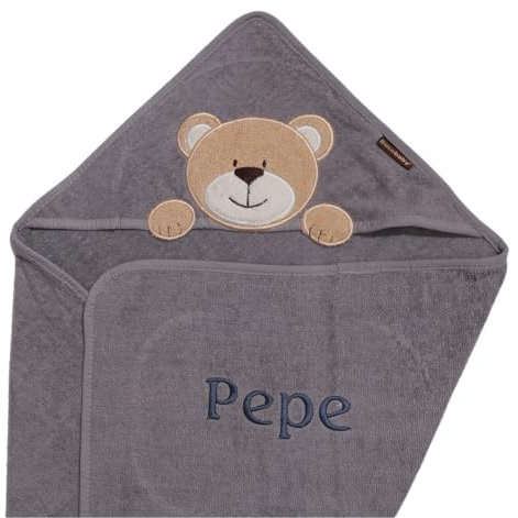 BotoBaby- Kapuzentuch mit Namen Bestickt Handtuch MIT Kapuze - 100% Baumwolle - 100x100 cm - 75x75 cm - Geschenk - Geburt - Taufe - (Grau - Teddybär, 75 x 75 cm)