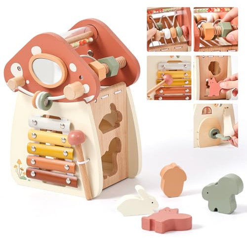 Mamimami Home Motorikspielzeug Pilzspielzeug aus Holz 5 in 1, Montessori-Spielzeug für Kinder，Motorikwürfel ab 1 Jahr, Baby Lernspielzeug, Holz Spielzeug ab 1 Jahr, Activity Center Baby
