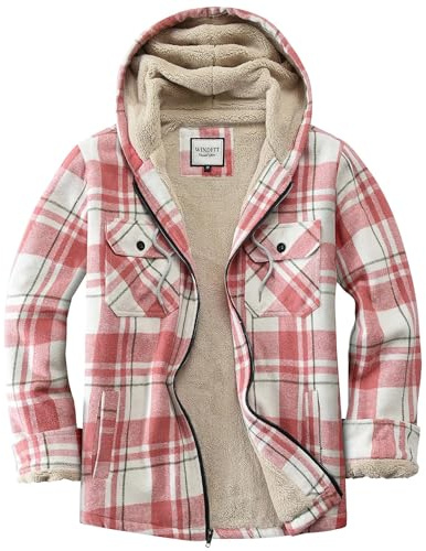 WINDFIT Women's Full Zip Fleece Flannel Jacket Plaid Sherpa Lined Jacket for Women Pink Large