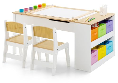 COSTWAY Kids Art Table and Chair Set, Wooden Toddler Craft Easel Desk with 2-Tier Open Shelf, Storage Bins, Paper Roll, Paint Cups, Children Play Activity Furniture