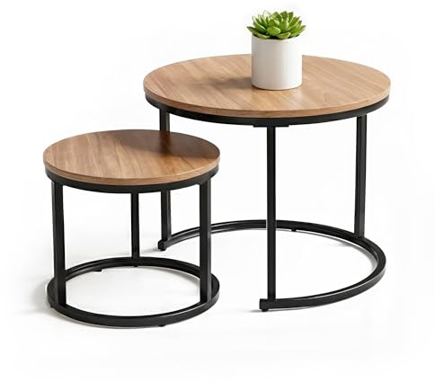 SG Traders Round Nesting Coffee Table Set - Wooden Nest of Tables, Stackable Round Coffee Table for Living Room, Industrial, Stylish Nested Tables - Set of 2 (Oak)
