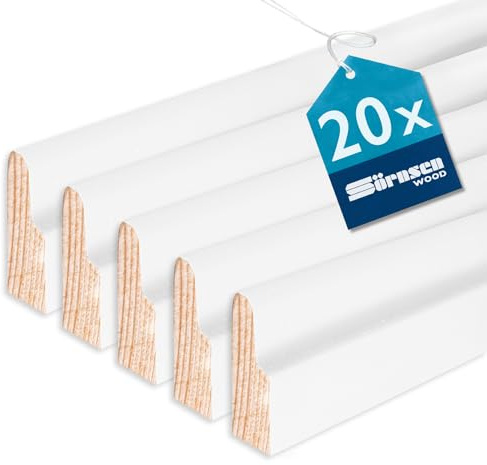Sockelleiste Kiefer – 08x28x2400 mm, 20 Stück, weiß RAL 9016 lackiert | Sörnsen Wood Sockelleiste – hochwertige Fußleisten mit Karnies Profil – Beste Qualität hergestellt in Norddeutschland