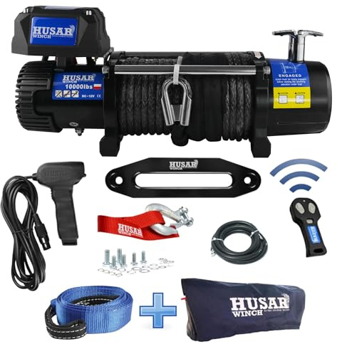 Husar Winch Cabrestante Eléctrico de 10000 lbs | 4530 kg, 12 V, Con Cuerda Sintética De 28 m, Control Inalámbrico, Transmisión Planetaria De 3 Etapas, Ideal Para Vehículos Todoterreno, Vehículos 4x4