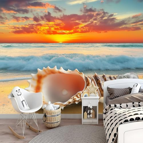 Spiaggia al tramonto Fotomurales - 200 x 140 cm Fotomurales per Camera da letto e Cameretta dei Bambini - Conchiglia di mare Poster per la Decorazione della Casa di Designer Make Photo Mural
