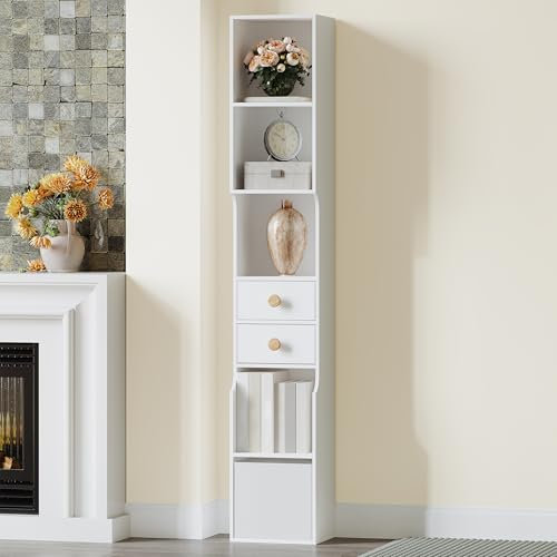 Hzuaneri Bücherregal, Bücherschrank mit 2 Schubladen und 1 stoffschublade, 7-Ebenen Standregal, schmaler Regal mit 1 Haken, Büroregal, Aufbewahrungsschrank, für Wohnzimmer, Schlafzimmer, Weiß BC47303X