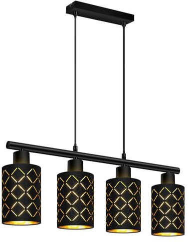 Pendelleuchte Esstisch 4 Flammig Schwarz, Hängelampe Esszimmer Höhenverstellbar, Vintage Esszimmerlampe E27 mit Laser-Cut Stoffschirmen, Modern Industrie Esstisch Hängeleuchte für Küche Wohnzimmer Bar