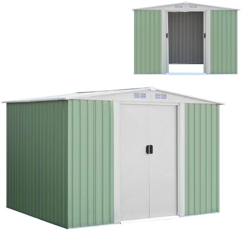 COSTWAY Casetta da Giardino 4,75㎡, Capanno da Esterno in Lamiera Zincata Resistente alle Intemperie con Porta Scorrevole e Tetto a Sella Galvanizzato con Ventilazione, 257 x 205 x 175,5 cm