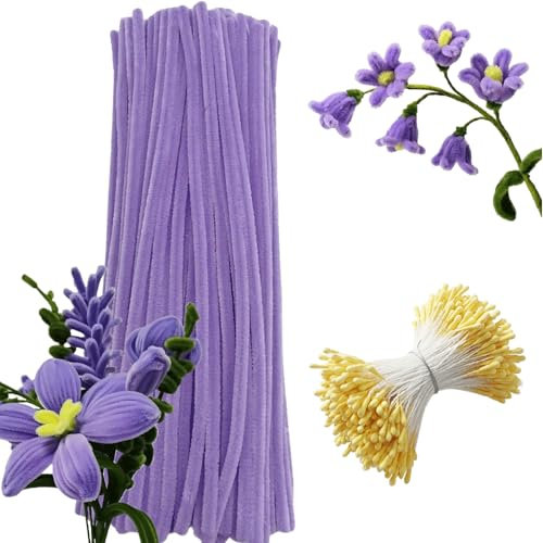 Canollo 100 Stück Pfeifenputzer zum Basteln Lila mit 100 Stück Staubblatt Gelb, Pfeifenreiniger zum Basteln 30CM, Pfeifenreiniger Blumen Deko, Pipe Cleaner Flower Set Lila für Kreative DIY-Projekte