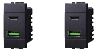 IXTRIMA Module prise chargeur double USB 2 ports, 3,1 A USB-c + U SB A, couleur noire compatible avec Bticino Living Light/INTERNATIONAL 2 pièces