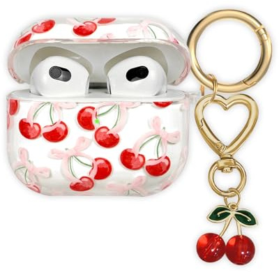 AIIEKZ Custodia compatibile con AirPods 3 2021, morbido TPU con grazioso motivo floreale per AirPods di terza generazione, con portachiavi a fiore e moschettone, per ragazze e donne (ciliegia)