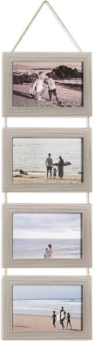 Ichigo Ichie Portafotos Múltiple Decorativo, Collage Portarretratos Colgante, Marcos de Fotos de Madera con Cuerda para Colgar en la Pared para 4 Fotos de 13x18cm, Gris Madera